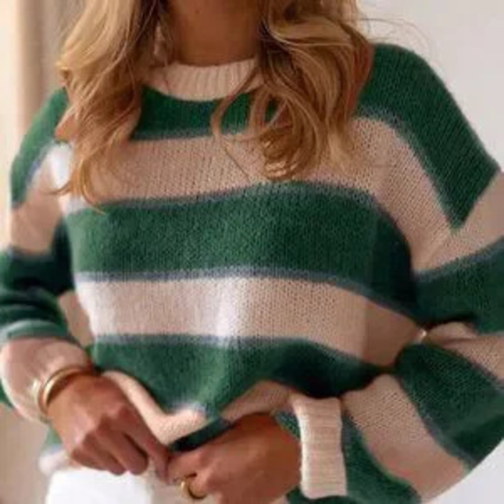 Army Green Casual Women's Colorblock Striped Crew Neck Long Sleeve Knit Sweater - Picture 3 of 5